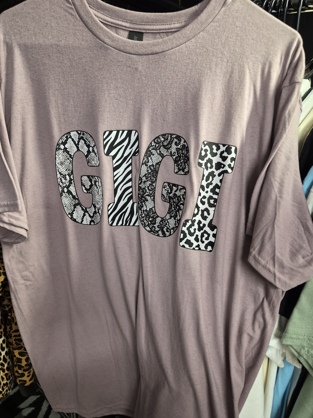 Gildan Mauve Graphic Tee with Animal Print GIGI Letters